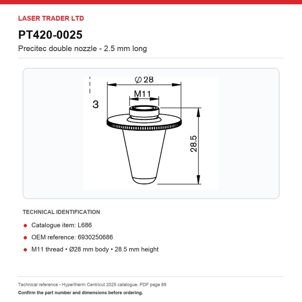 [PT420-0025] Double Nozzle Ø2.5–1.5 Long – Compatible with Precitec Heads (PT420-0025)